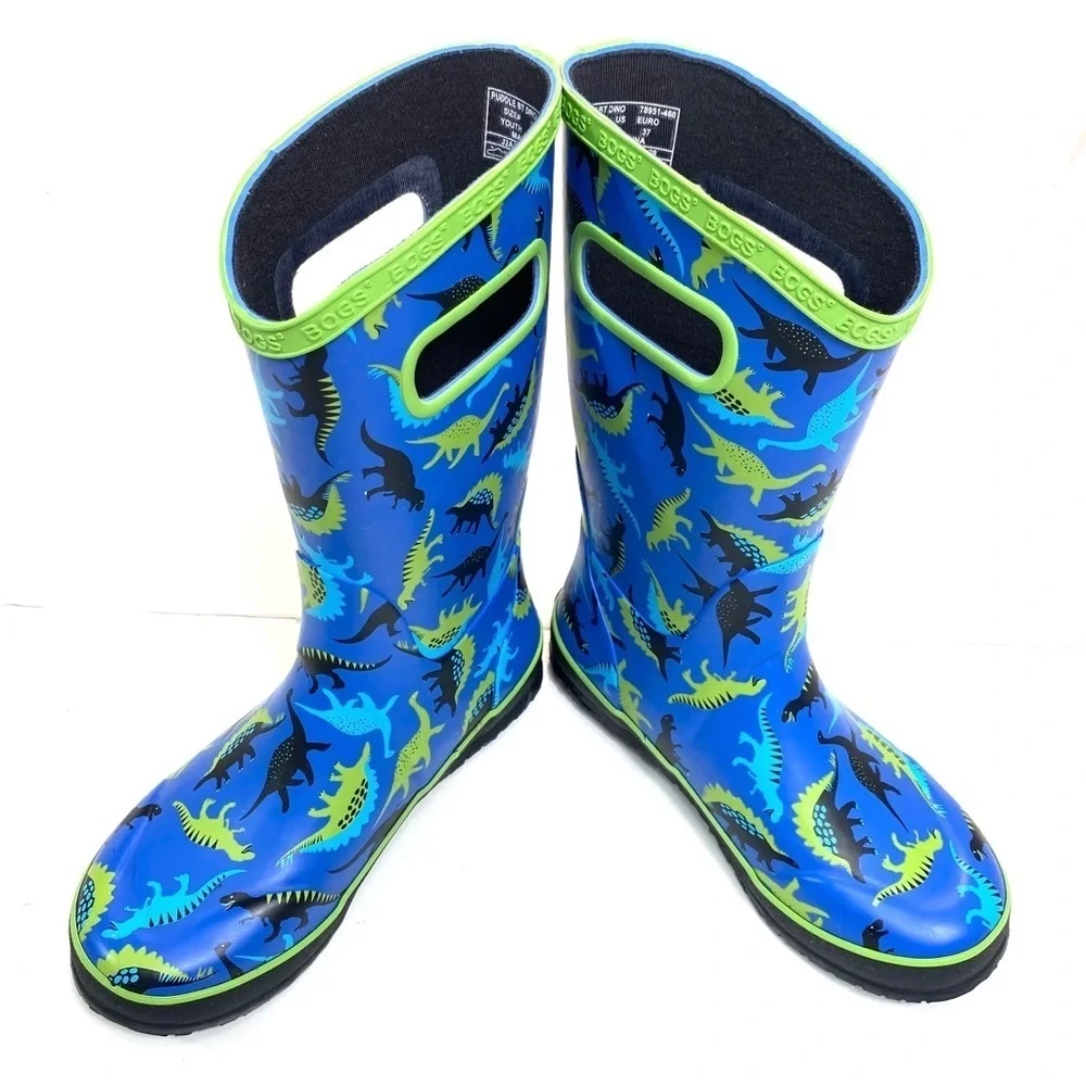 Bogs Paddle at Dino Dinosaurs Print Knee high Rain Boot Blue Size 4 Youth NWOT